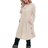 OFEEFAN Fall and Winter Tunic Dress with Pockets Long Sleeve Crew Neck Buttons Side