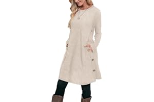 OFEEFAN Fall and Winter Tunic Dress with Pockets Long Sleeve Crew Neck Buttons Side