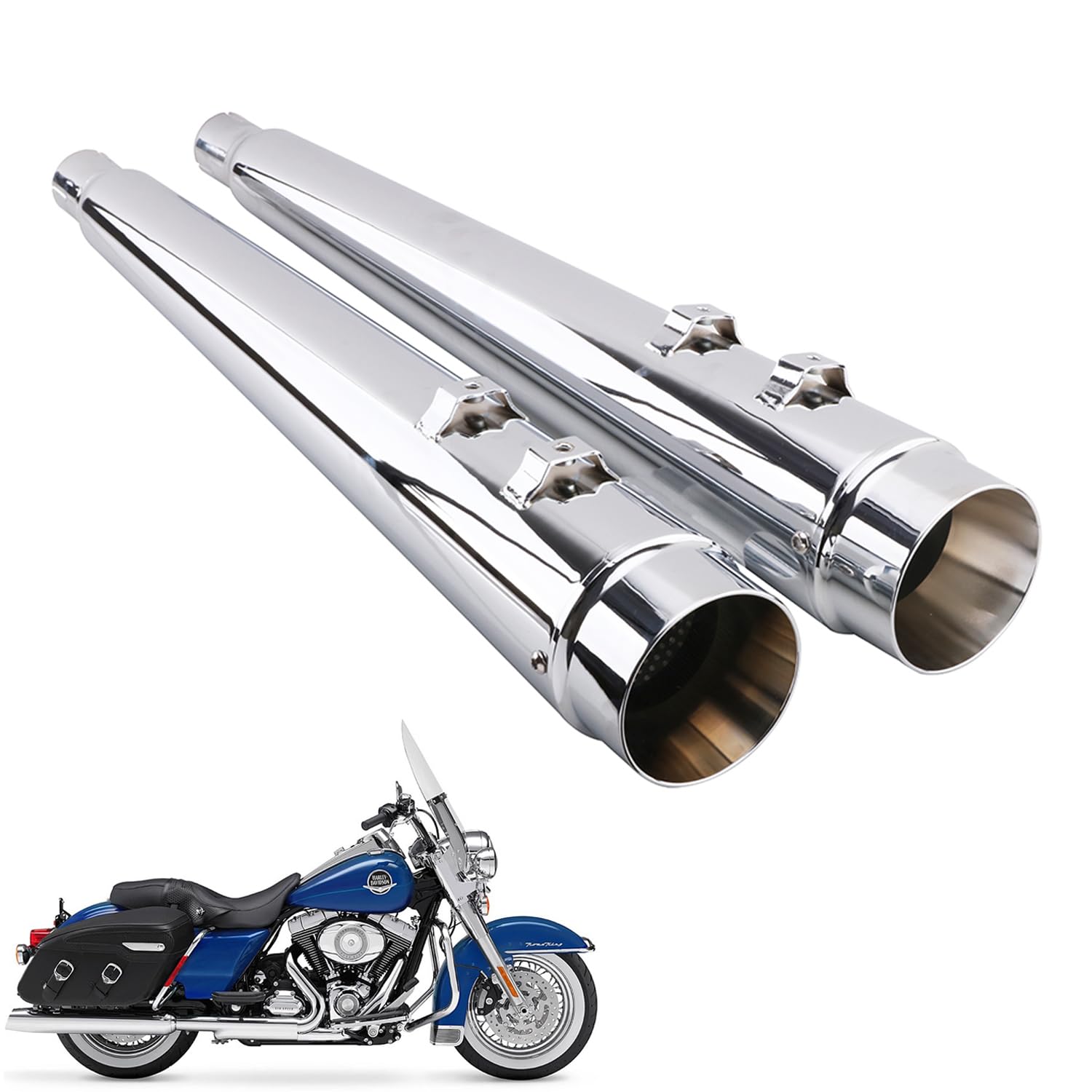 4" Exhaust Pipes - Chrome Megaphone Slip-On Mufflers For 1995-2016 Touring models,Bagger,Dresser Road King,Electra Glide, Street Glide, Road Glide, Ultra Glide