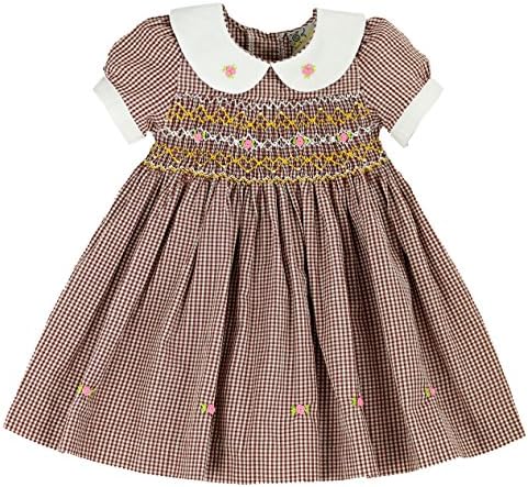 sissymini Mini Rose Buds Ghingham Brown Hand Smocked Girls Dress - Infant & Toddler (12M-4T)