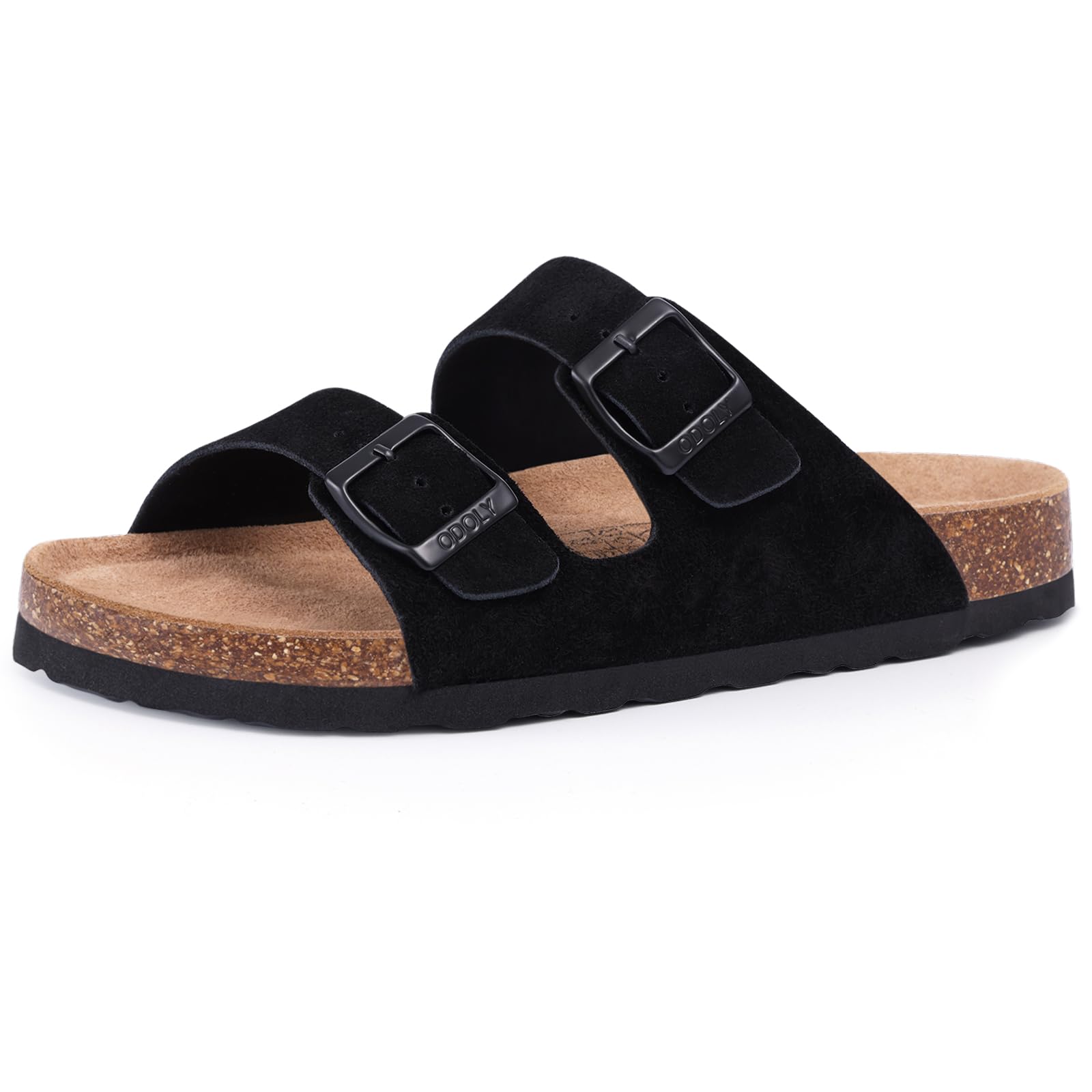 Photo 1 of ODOLY Unisex Cork Footbed Slide Sandal, Arch Support Summer Outdoor Sandals with Adjustable Buckle for Women and Men, Black Suede 40 (9 Women/7.5 Men)