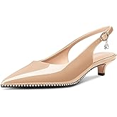 TNYNFBEB Womens Low Kitten Heel Close Pointed Toe Pumps Slingback Silver Beaded Buckle Prom Party Dress Patent Leather 1.4 Inches Heels