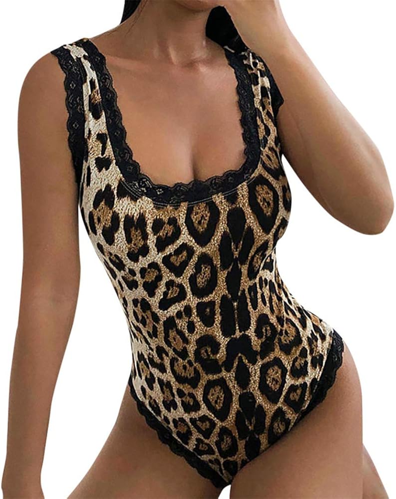 Aniywn Womens Sexy Lace Leopard Printed Bodysuit Tops Round Neckline Sleeveless Jumpsuit Tops