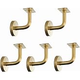 Mewutal 5pcs Stainless Steel Handrail Brackets, Gold, Flat Mounting Plate | Wall Mounted Square Staircase Handrail Railing Holders, Gold Stairway Armrest Brackets, with Base Cover and Screws