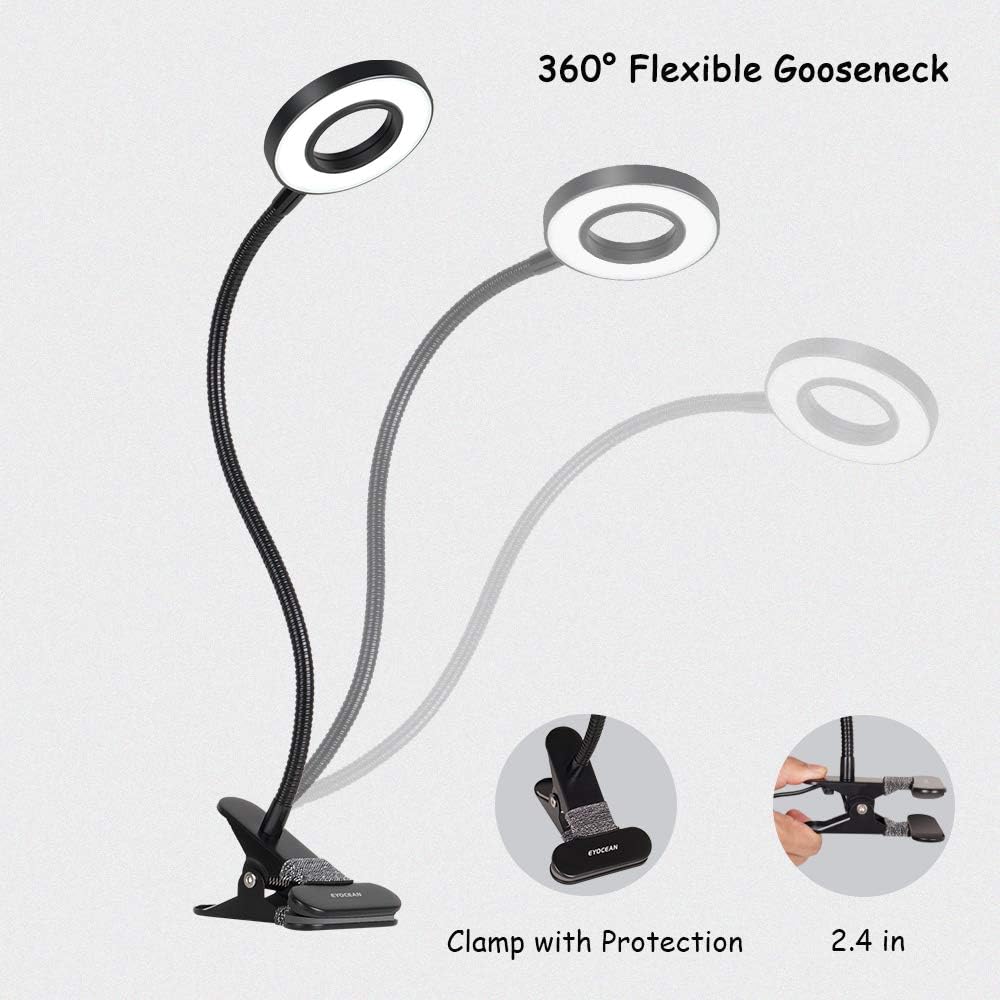 Clamp Desk Lamp, EYOCEAN Clip on Light Reading Lights with 3 Color Changeable, Flexible Night Light 3 Modes 9 Dimming Levels(Included AC Adapter) for Indoor, Black - - 