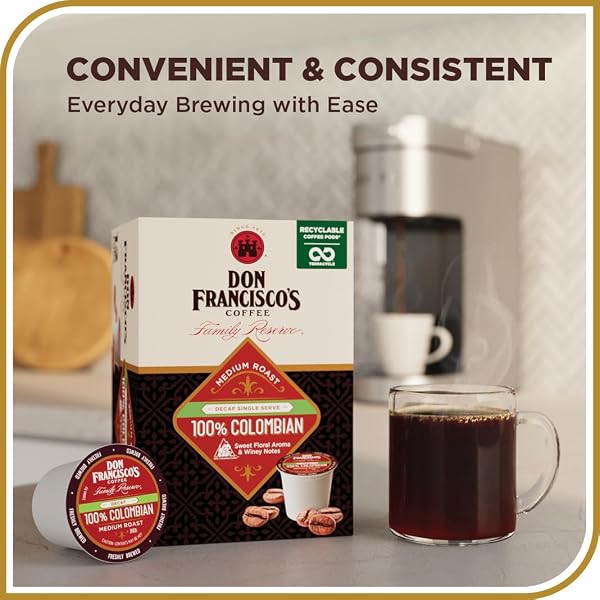 DON FRANCISCO’S DECAF 100% COLOMBIA COFFEE PODS, 24 COUNT, MEDIUM ROAST, COMPATIBLE WITH KEURIG BREWERS