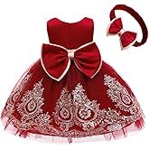 CMMCHAAH 0-6T Baby Girls Pageant Lace Embroidery Dresses Toddler Party Bowknot Tutu Gown Dress with Headwear