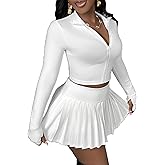 SOLY HUX Women's Skirt Sets 2 Piece Outfits Long Sleeve Crop Top with Pleated Mini Skirt Set Party Outfits for Women