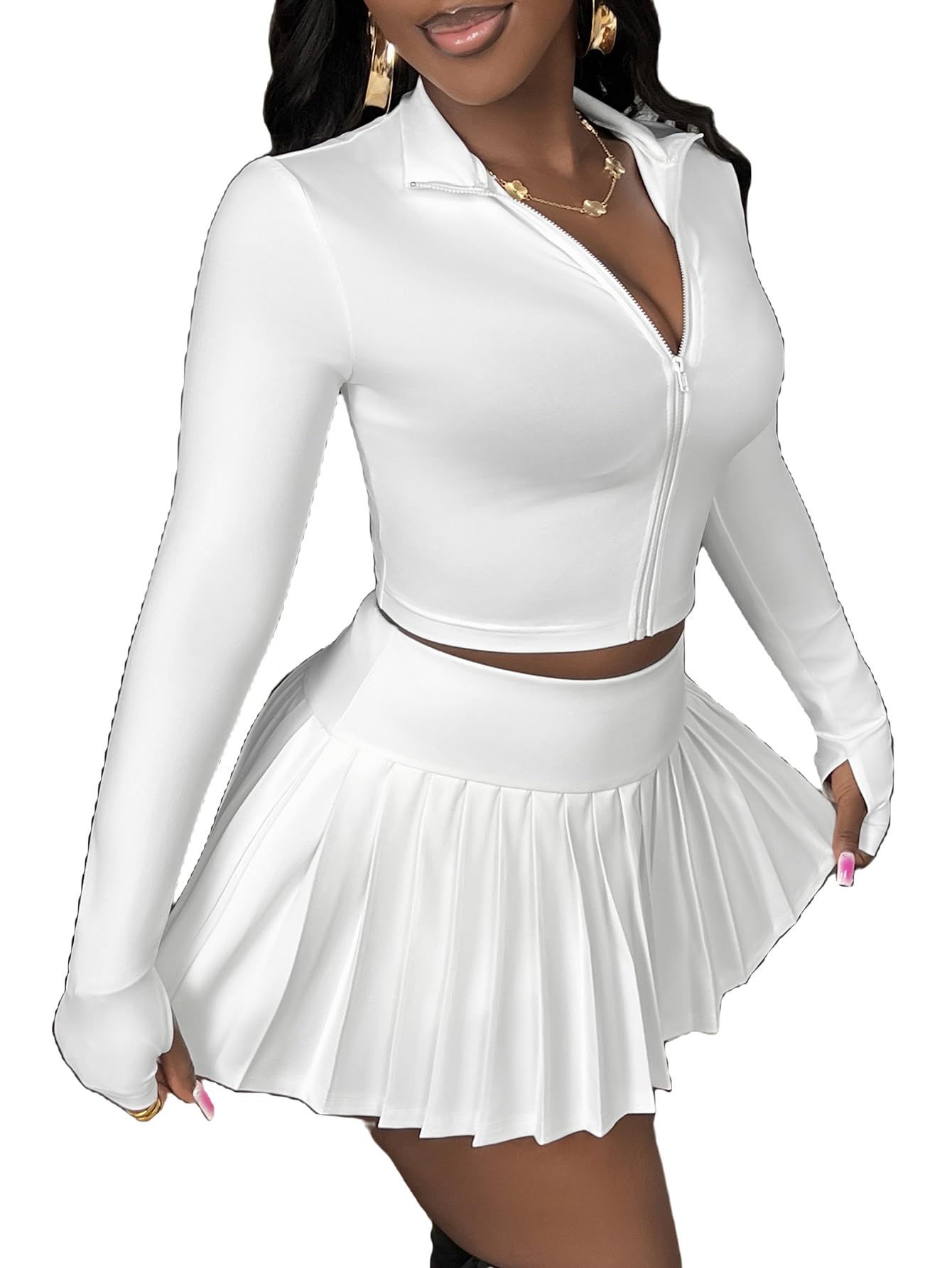Photo 1 of SOLY HUX Women's Skirt Sets 2 Piece Outfits Long Sleeve Crop Top with Pleated Mini Skirt Set Activewear Party Outfits for Women Plain White Medium