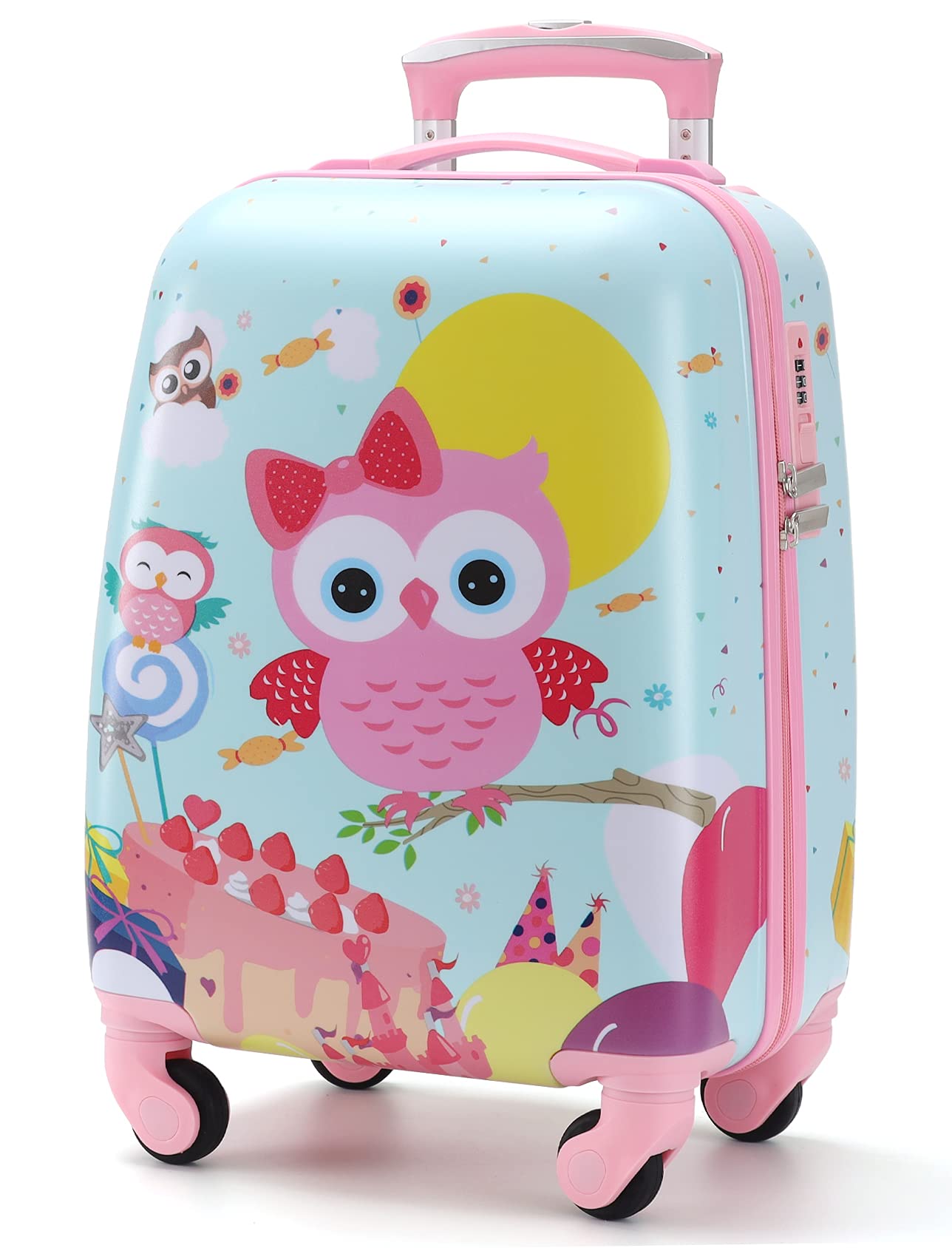 Lttxin Cute Kids Suitcase Pull Along Travelling Luggage With 4 Wheel for Girl Hard Shell 18 inch Owl