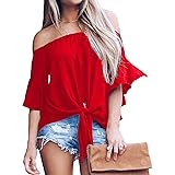LuckyMore Womens Striped Off Shoulder Bell Sleeve Shirt Tie Knot Summer Blouses Tops