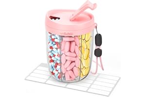 AMOOS Large Pill Dispenser with 6 Compartments, Anti-Mix Pill Bottle Organizer with Wide Opening & Easy Retrieval, Vitamin Organizer for Travel, BPA-Free Pill Box with a Strap, Pink