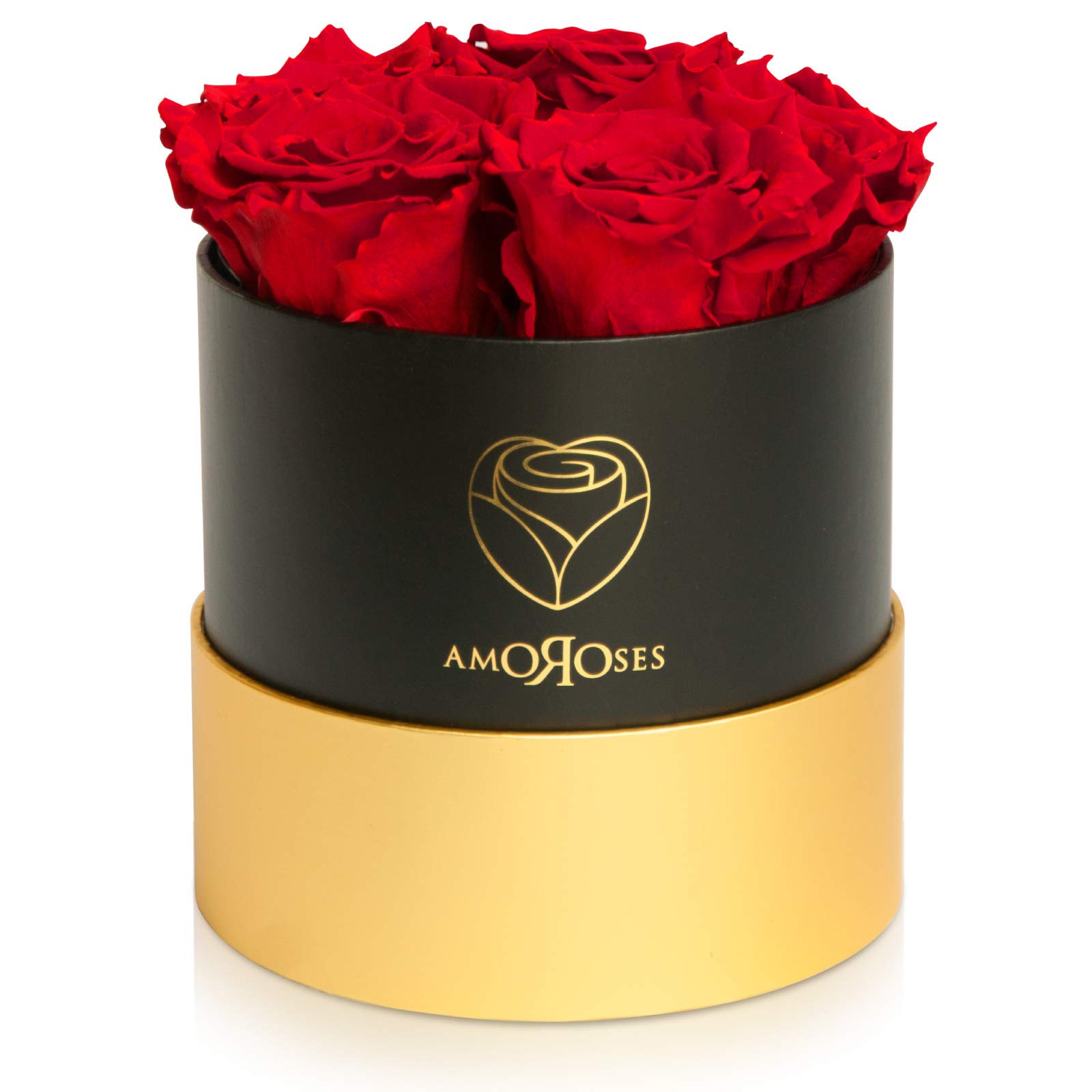 Amoroses Petite - Gift Box with 5 Eternal Stabilised Roses - An elegant Bouquet of Real Flowers | Gift Idea (Petite Black Box with Red Roses)