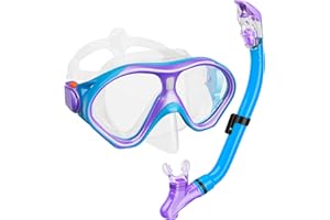 CBSRVMLP Kids Snorkel Set, Dry Top Snorkeling Gear Kids Swimming Goggles, Anti-Fog Tempered Glass Snorkel Mask with Foldable Breathing Tube, 180 Degree Full View Anti-Leak Diving Mask for Age 6-14, Unisex