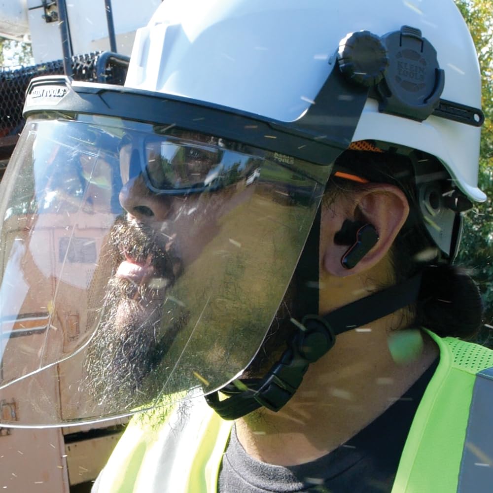 Klein Tools 60528 Full-Brim Hard Hat Face Shield, Clear, Impact-Rated, Anti-Fog, Low-Profile Design, Flip-Up, Earmuff Compatible, One Size