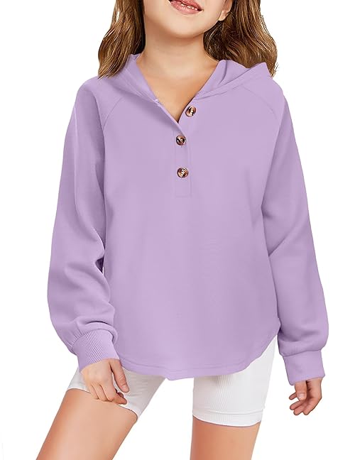 Arshiner Girls Hoodies Button Down Kids Hooded V Neck Sweatshirt Fall Casual Hoodie Curved Hem Purple Sweatshirt Girls Hoodie Size 8