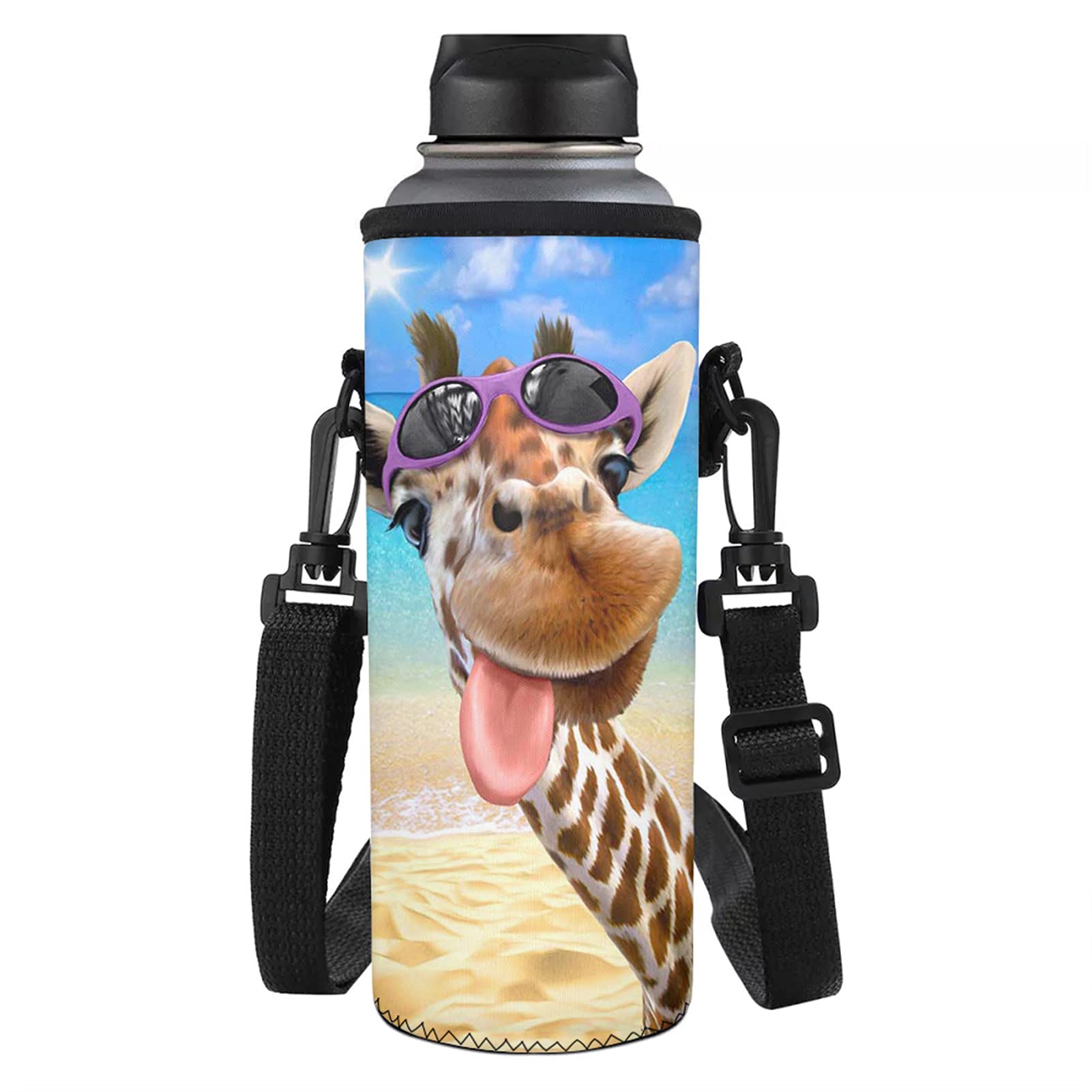 Coloranimal Outdoor Insulated Water Bottle Carrier for Kids,Adults,Reusable Sport,Office Cute Animal Giraffe Printed Neoprene Water Bottle Shoulder bag