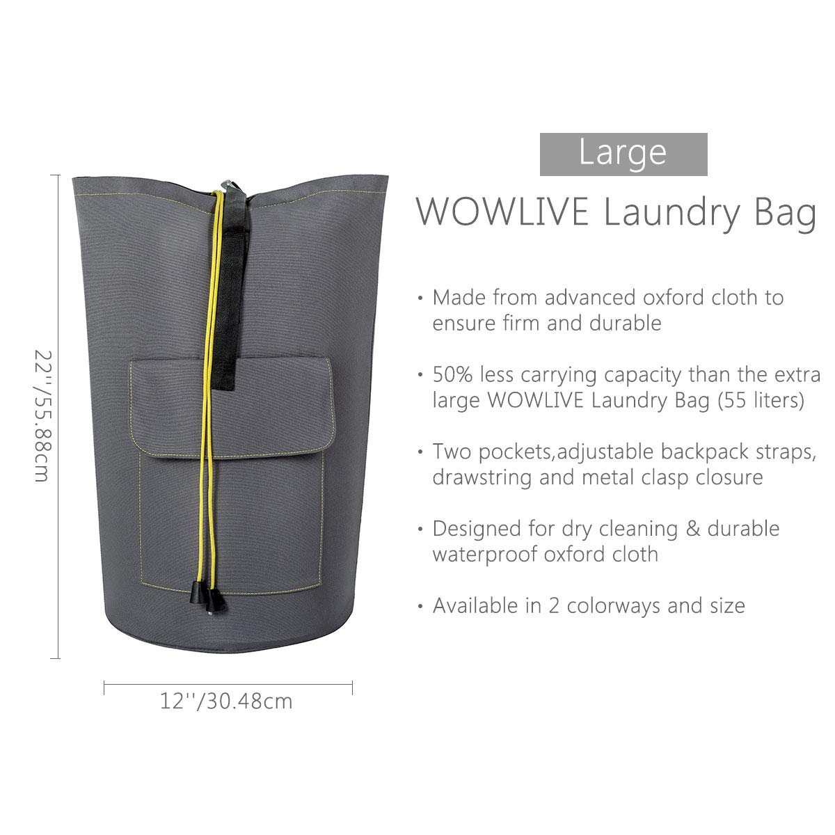 WOWLIVE Large Laundry Bag Laundry Backpack Hanging Laundry Hamper Adjustable Shoulder Straps Camping Bag Waterproof Durable Travel Collage Apartment Dorm Sports (Expandable to 30\'\',Grey)