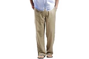 AITFINEISM Men's Casual Cotton Linen Pants Elastic Waist Lightweight Drawstring Summer Pants