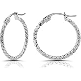 Hoops & Loops 925 Sterling Silver Twist Rope Round Hoop Earrings for Women, 15mm 20mm 25mm 30mm 35mm Silver, Yellow Gold, Rose Gold