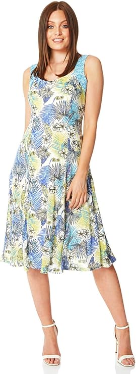 Roman Originals Women Tropical Print Burnout Fit and Flare Dress - Ladies Holiday Summer Travel 