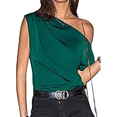 CUPSHE Women’s Tops Asymmetrical Off-Shoulder Shirt Sleeveless Ruching Satin Blouses Elegant Trendy Dressy