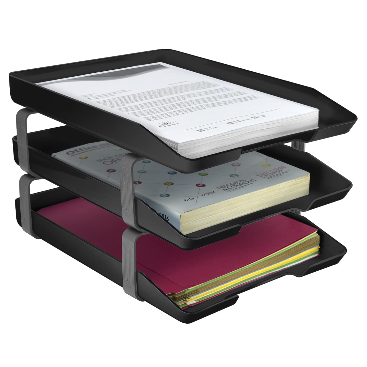 Acrimet Traditional 3 Tier Letter Tray, Front Load Design, A4 Letter Size, Desktop Organizer (Plastic) (Black Color)
