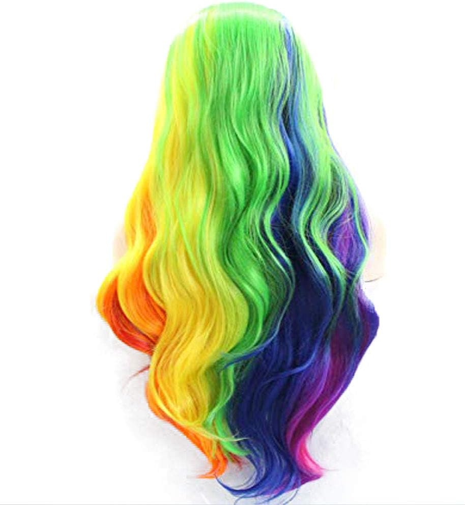 Corlorful Wig Rainbow Long Synthetic Lace Front Wigs for Women Mixed Colorful Lace Wig Handmade Nature Wavy Wig for Drag Queen Costume Make Up 24inch (Pink Blue Yellow Purple) - Image 5