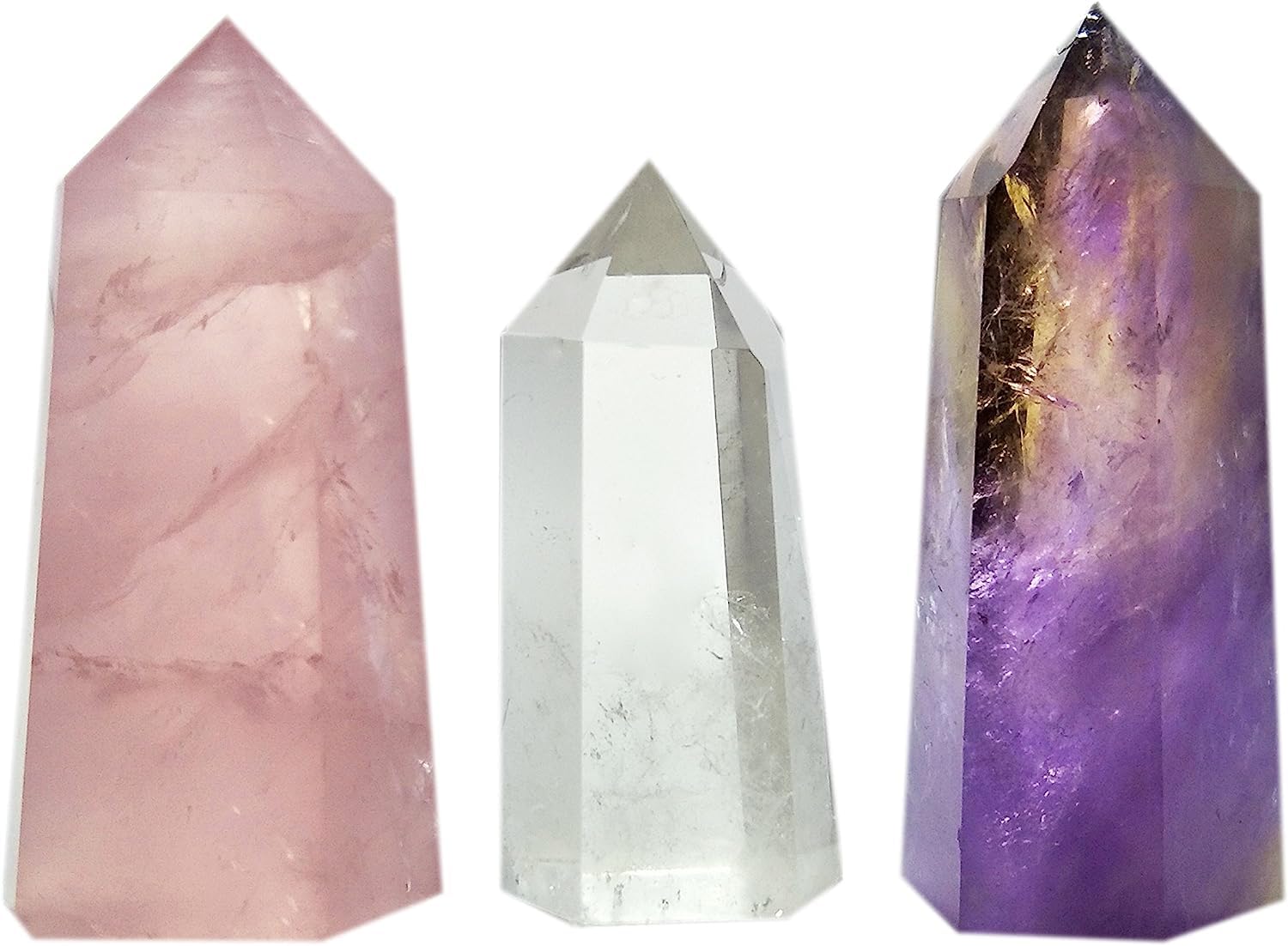 Mina Heal Healing Crystal Wands Point Faceted Prism Bars for Reiki Chakra Meditation Therapy Home Decoration Set of 3 (Rose Quartz, Clear Quartz & Amethyst)