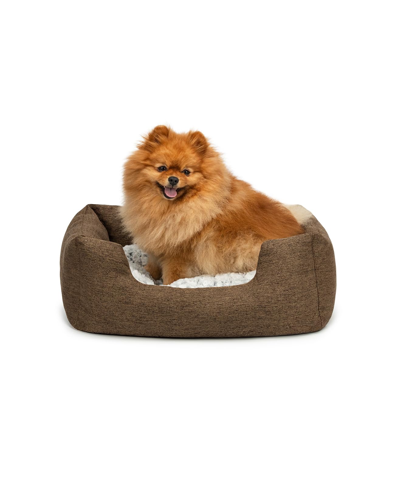 lionto Dog basket with fluffy reversible cushion, cosy pet bed in mottled design with low entry for dogs & cats, 60x50 cm, soft dog cushion, brown