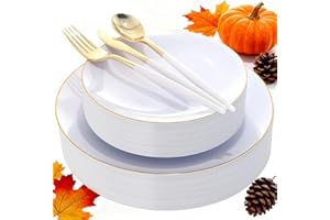 DaYammi 30 Guests Gold Plastic Plates with Disposable Silverware,Gold Cutlery with White Handle,White Disposable Dinnerware:60 Dinner/Dessert Plates,90 Plastic Silverware Set for Thanksgiving Party