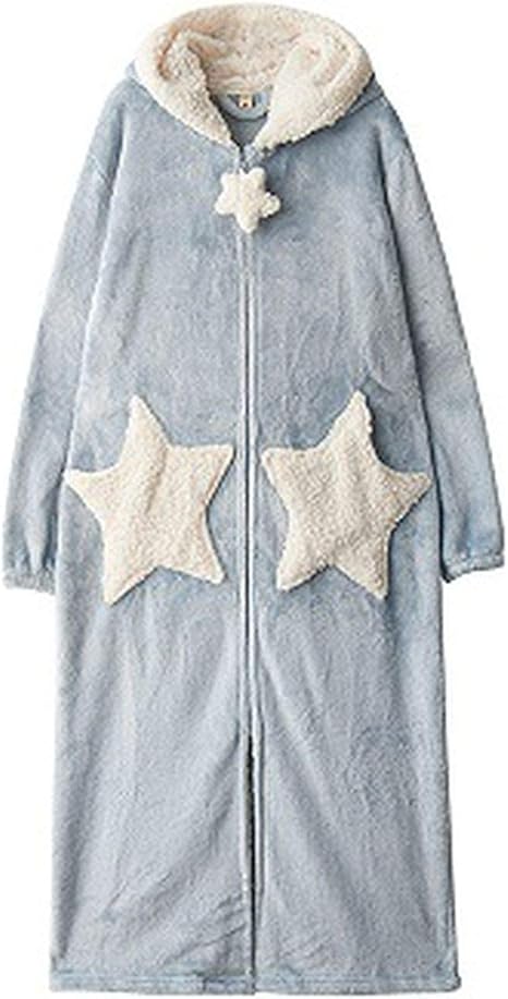 Winter Thick Extra Long Zipper Pajamas Robe Women Star Moon Warm Hooded Bathrobe Loose 