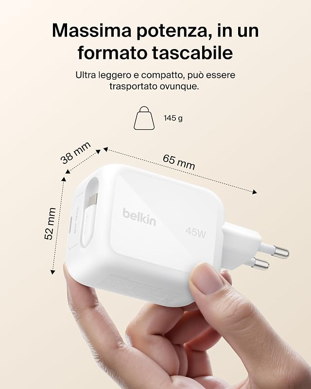 UltraCharge Caricatore USB C da 45W con Cavo USB-C Retrattile da 0,8m e Porta USBC, Carica Batterie Cellulare Rapido per iPhone 17/16 Series, Galaxy S26 Series, AirPods, Tablet, MacBook, Laptop