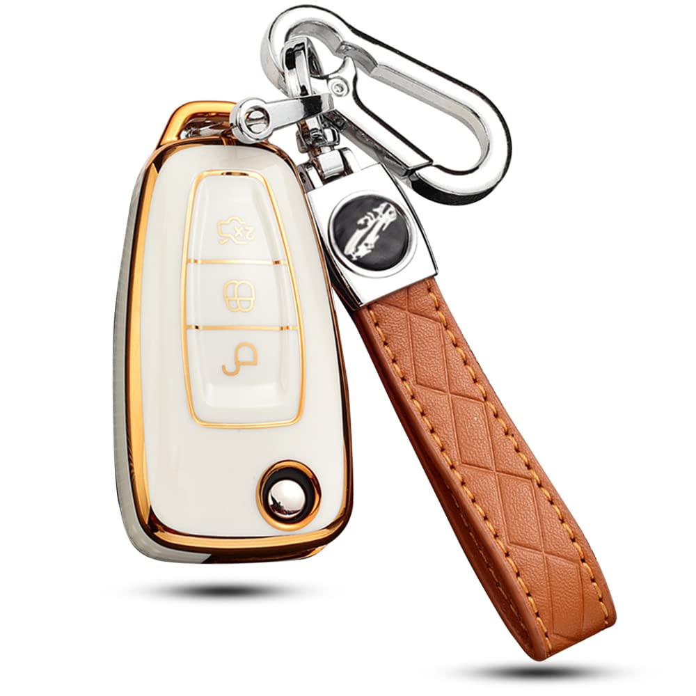 HIBEYO Car Key Case Fits Ford TPU Protective Case Key Cover Flip Key for Ford Escort Grand C-Max S-Max Focus Mondeo Galaxy Ranger Transit Keychain Key Case White