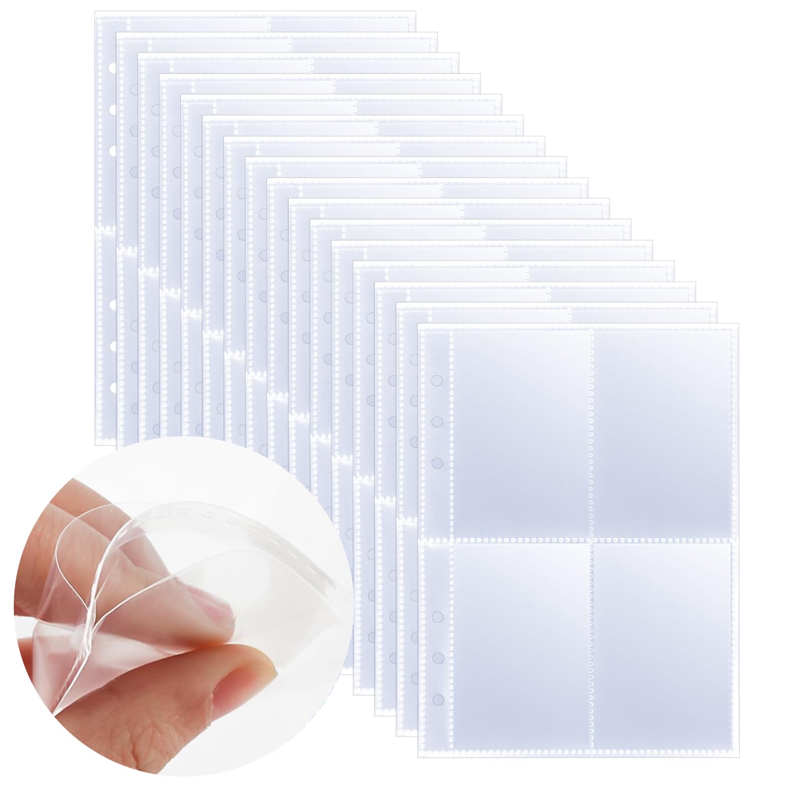 Photocard Sleeves 50 Pack 400 Pockets 6 Ring A5 Binder Sleeves Double-Sided 4 Pocket Page Protector 2.5x3.5 Inch Trading Card Sleeves Ultra-Clear for Game Cards, Photos, Postcards
