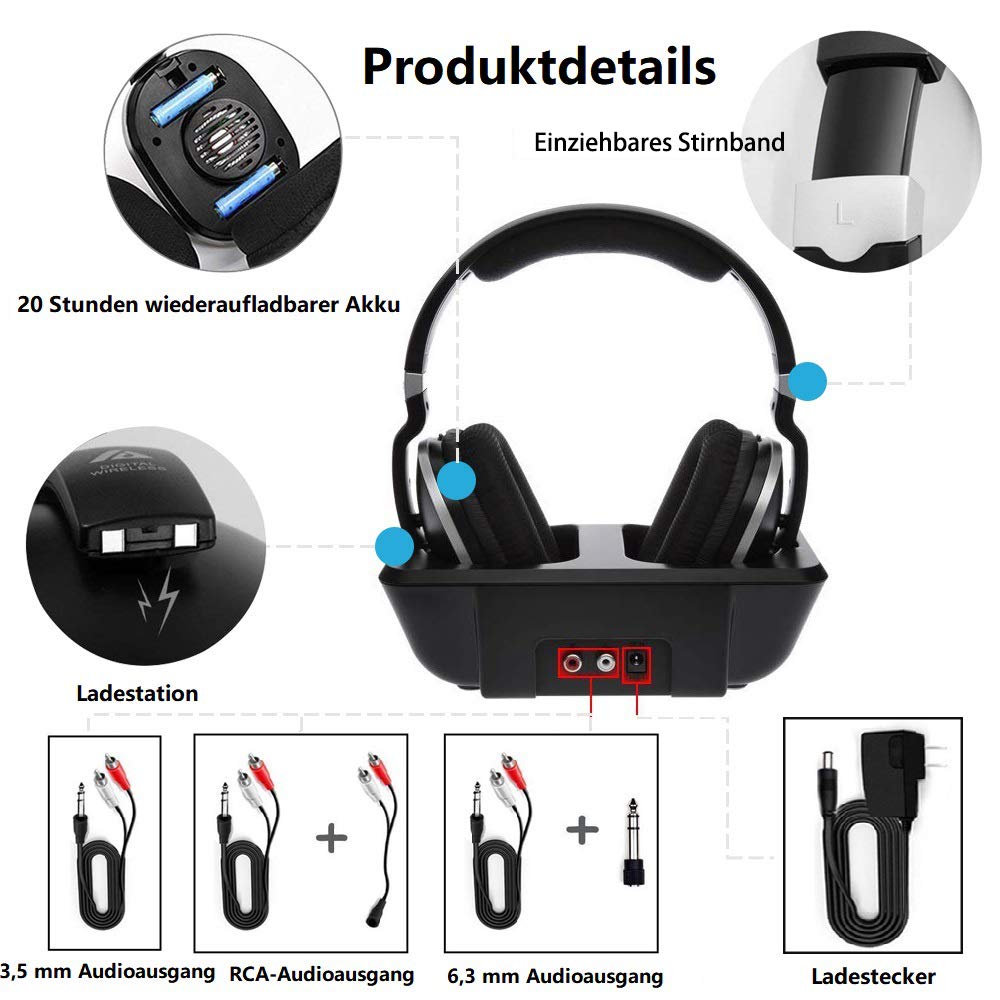 TV-Funkkopfhörer mit Ladestation Digital-Stereo-Headsets 2,4-GHz-RF Over-Ear Kopfhörer Sender 30m Reichweite Keine Latenzzeit von 20 Stunden Akkustand, für Gaming TV PC Mobile - Schwarz
