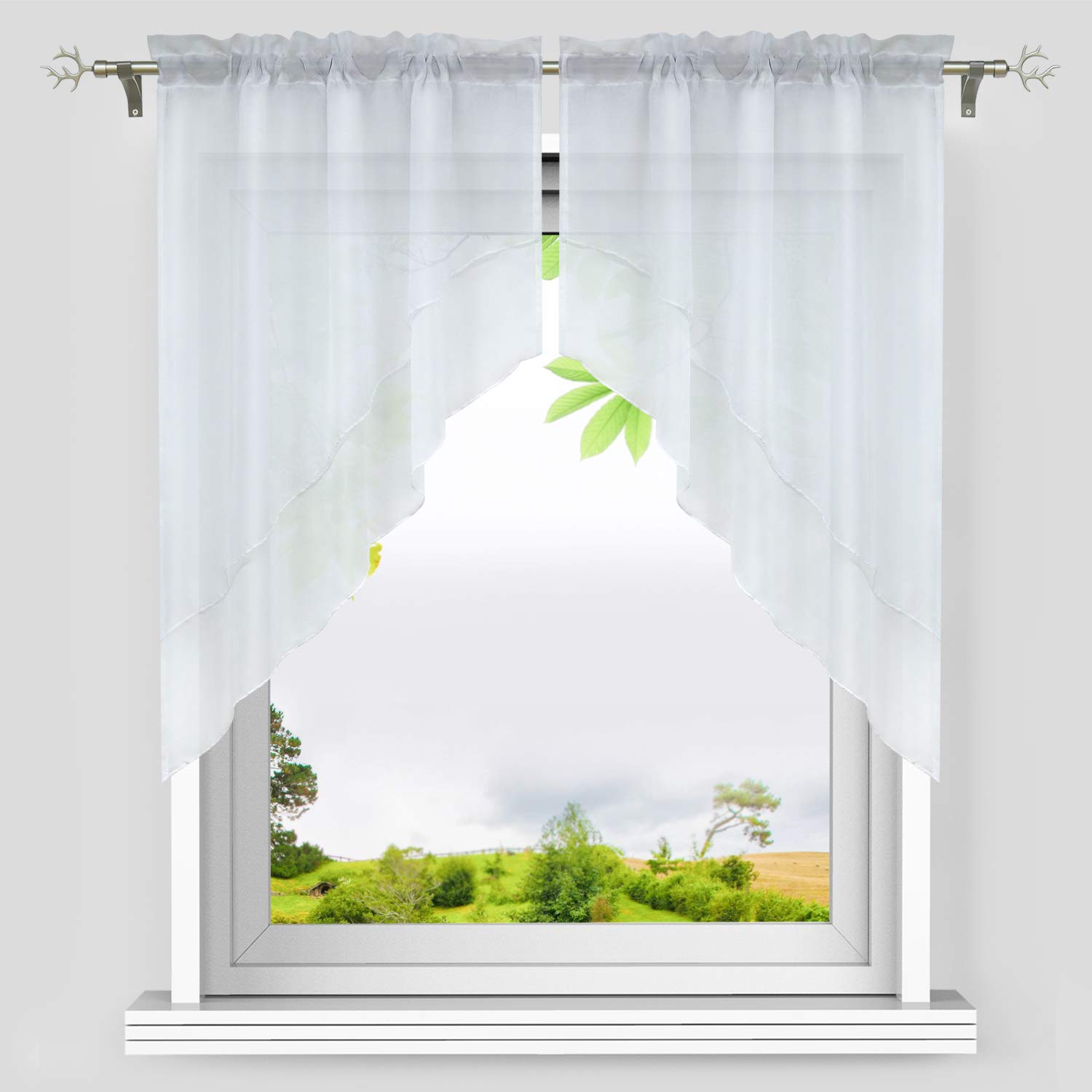 Heichkell Voile Panel Curtain Bow Set 2-Piece Small Window Curtain Drawstring Short Stores Double Layer Kitchen Curtains White W x H 120 x 125 cm (Each Piece)