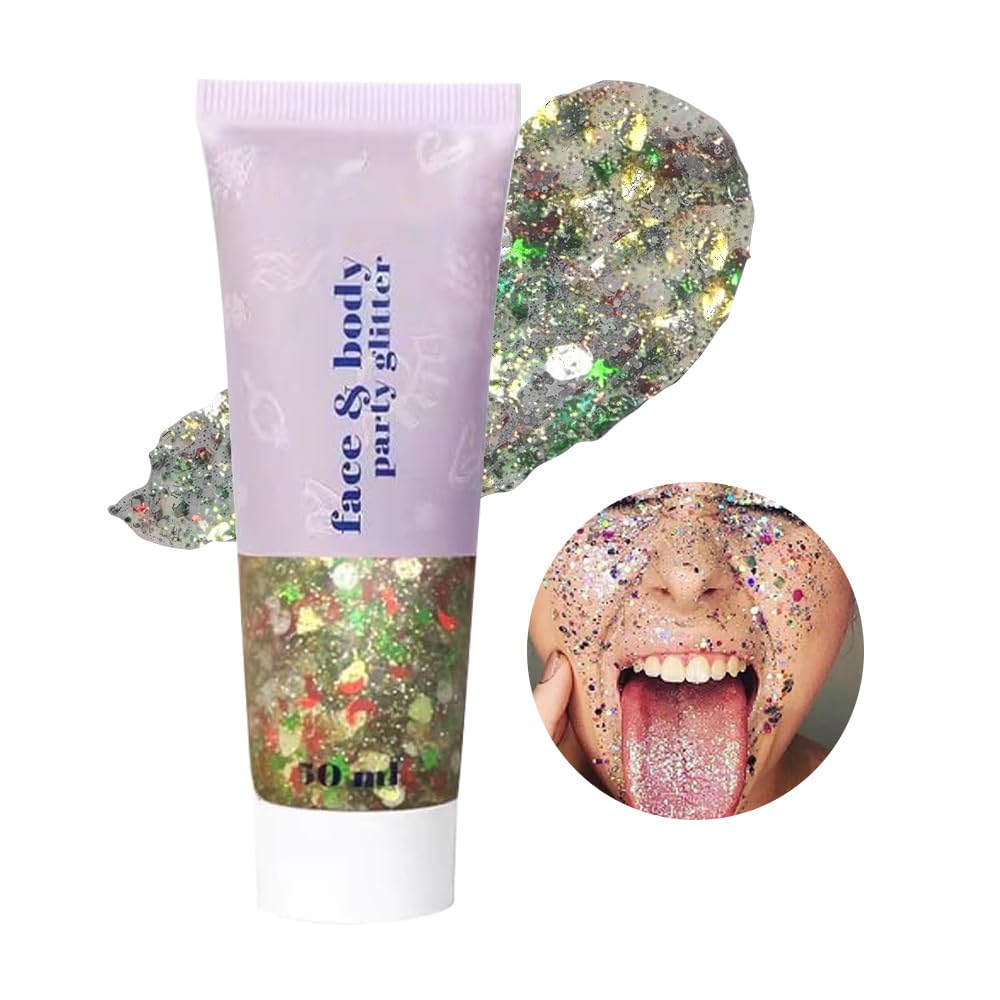 Beliky Girl Body Glitter Gel,50ML Face&Body Gel Shimmer Liquid Eyeshadow,Mermaid Holographic Sequins,Chunky Glitter for Face Hair Nails, New Year, Valentine's Day Festival Rave Accessories
