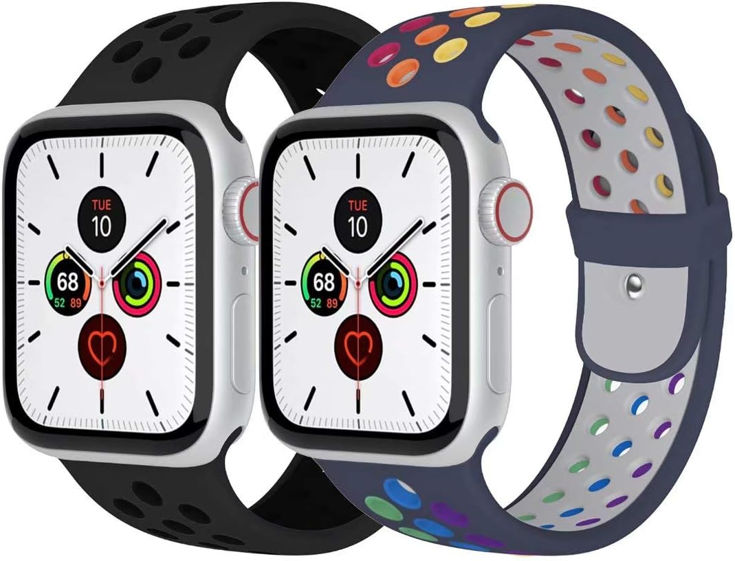 Zsuoop Sport Watch Band Compatible with Apple Watch Bands 38mm 40mm 42mm 44mm,Soft Silicone Wristband for Apple Watch Series 6/SE/5/4/3/2/1,2pack，Pride-Blue/Obsidian&Black-42L