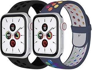Zsuoop Sport Watch Band Compatible with Apple Watch Bands 38mm 40mm 42mm 44mm,Soft Silicone Wristband for Apple Watch Series 6/SE/5/4/3/2/1,2pack，Pride-Blue/Obsidian&Black-42L