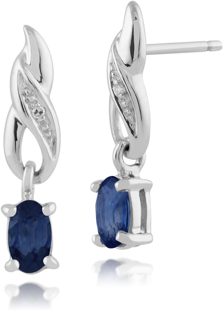 Women 375 Gold 9ct White Gold Oval Sapphire Classic Drop Earrings Blue With Diamond Accents