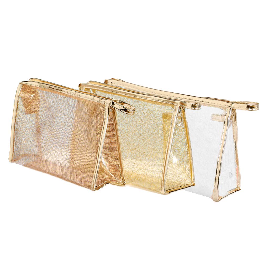 SOIMISS 3pcs Transparent Makeup Bags Fashion Storage Bag Multifunctional Cosmetic Pouch Portable Zippered Handbag Case Toiletry Bag for Woman(White, Coffee, Gold Wire, 1pc for Each Color)