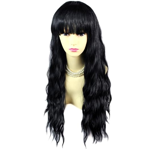 Super Model Curly Wavy Jet Black Long Ladies Wigs Skin Top Hair