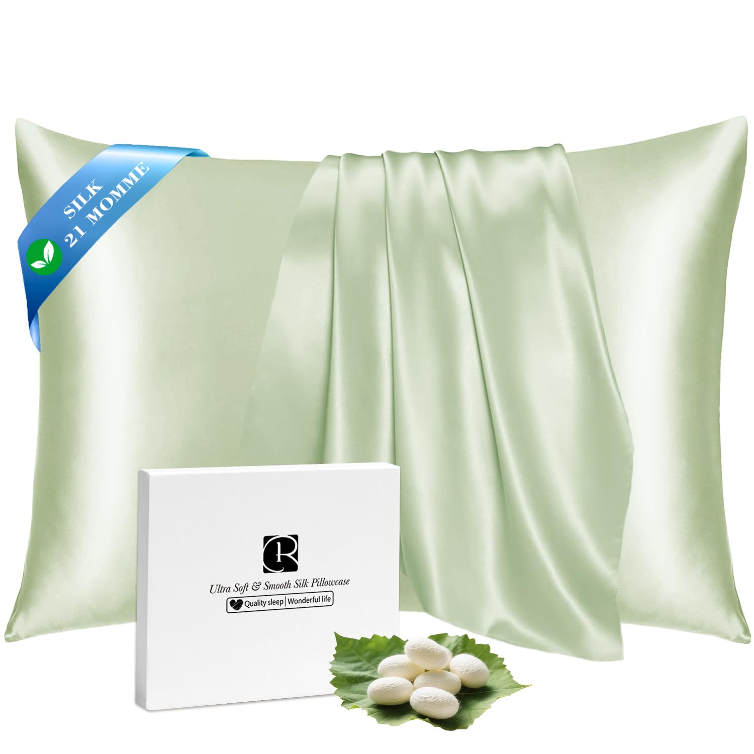Ravmix Silk Pillowcase for Hair and Skin 21Momme Both Sides Mulberry Silk Pillow Case with Hidden Zipper, 1PCS, Standard 50×75cm, Bean Green