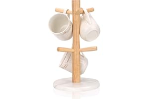 WORHE Mug Holder Marble Base with 6 Hooks Coffee Cup Rack Organizer for Countertop, Round Mugs Stand Hanger for Kitchen Count
