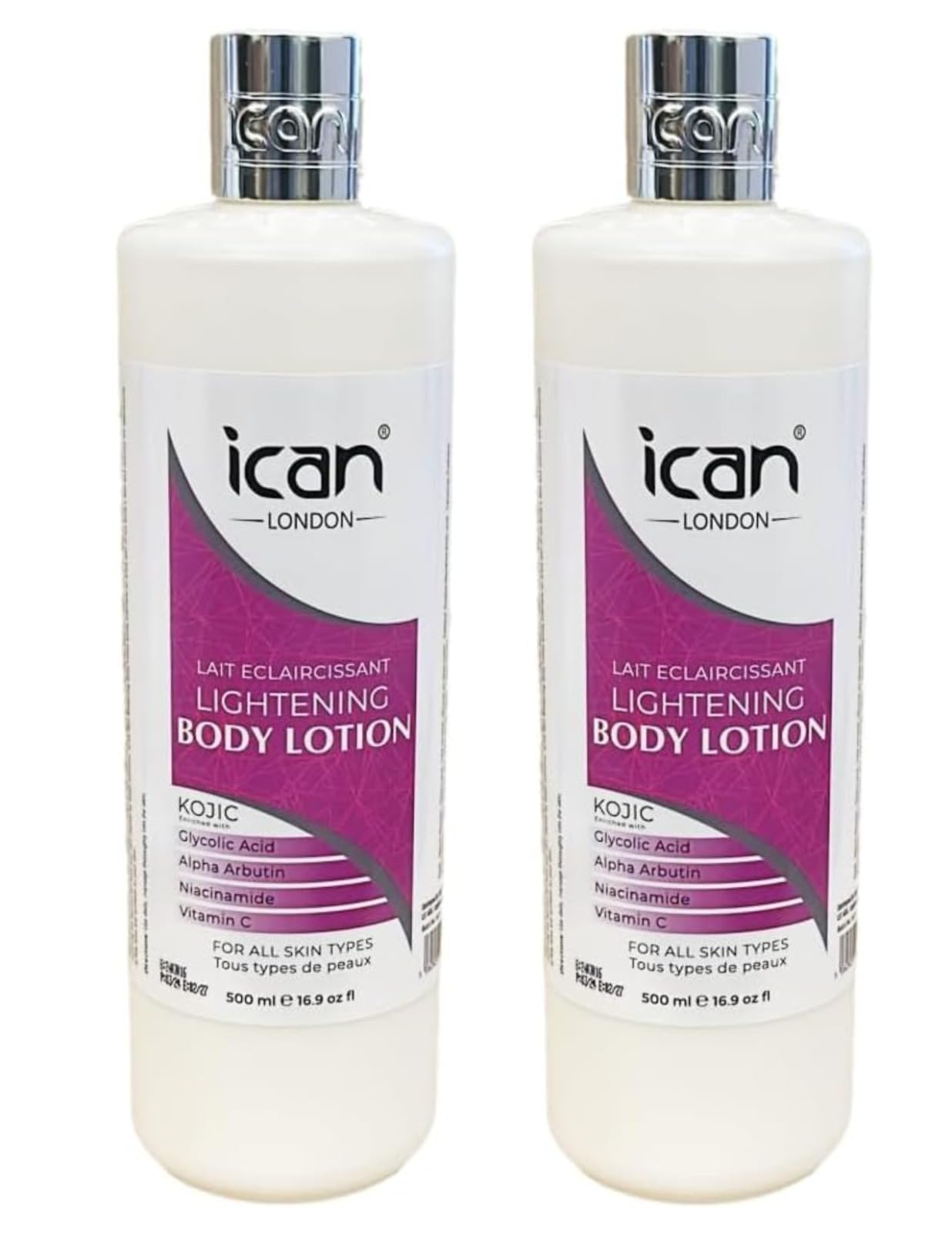 ICan London Kojic Lightening Body Lotion, Glycolic Acid, Niacinamide, Vitamin C, 2 x 500ml
