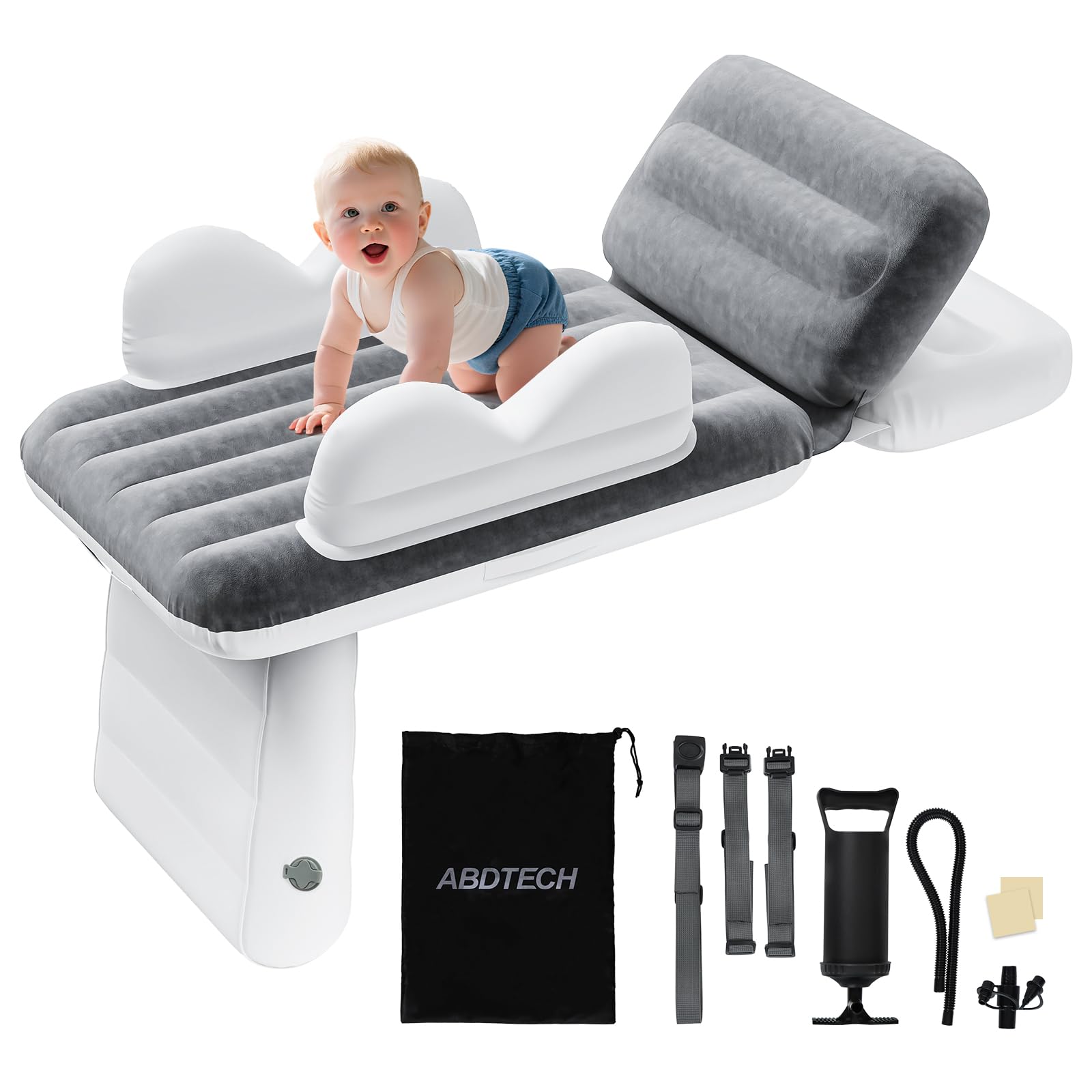 Photo 1 of Abdtech Inflatable Toddler Airplane Bed - Grey Portable Kids Travel Bed with Airplane Seat Extender for Kids - Inflatable Toddler Travel Bed with Manual Pump,Seat Belt and Travel Bag