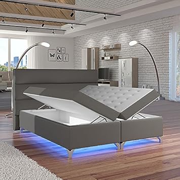 Selsey Luciano – Doppelbett/Boxspringbett in Grau mit Bettkasten RGB-LED und Farbwechsel Funktion (160x200 cm)