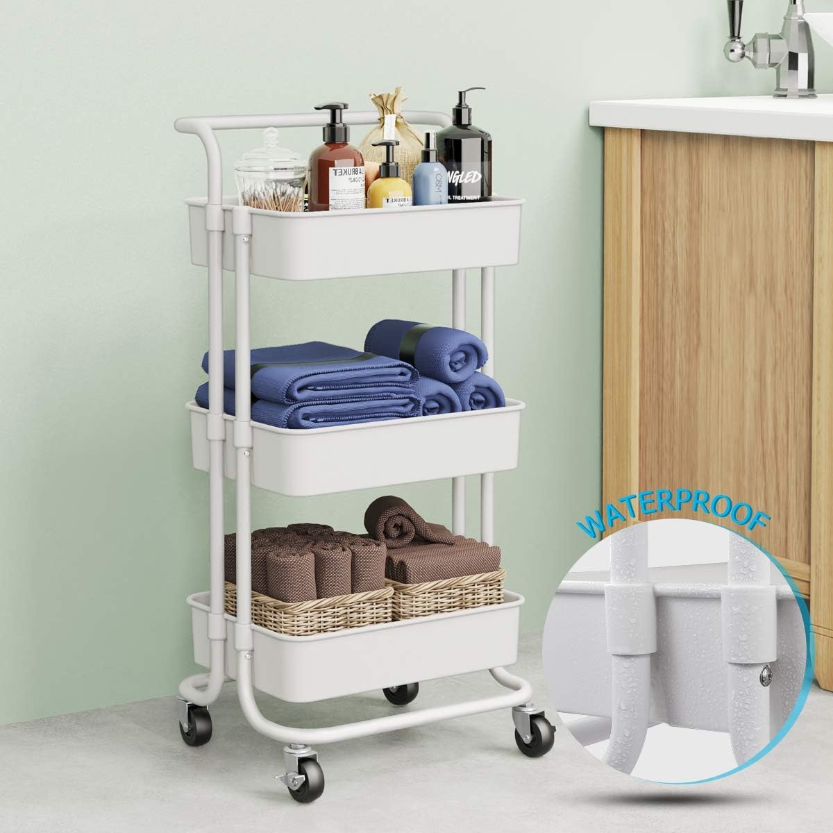 Homemaxs 3 Tier Rolling Utility Storage Cart with Handles and Roller Wheels Craft Cart for Kitchen, Coffee Bar, Microwave Cooking Station, Storage, Office, Bathroom (White : Office Products