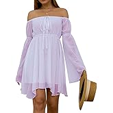 Sunidol Womens Summer Off Shoulder Bell Sleeve Lace-Up Elastic Waist Casual Party Irregular A-Line Dress Purple XL